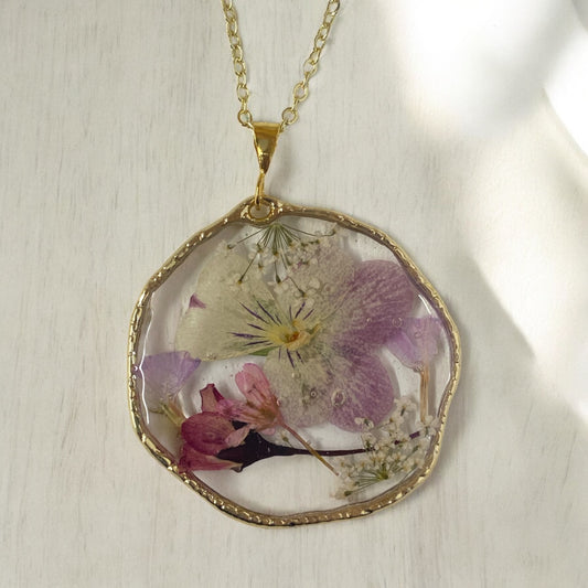 Purple and White Pansy with Crab Apple, Purple Wildflowers, and Queen Anne’s Lace