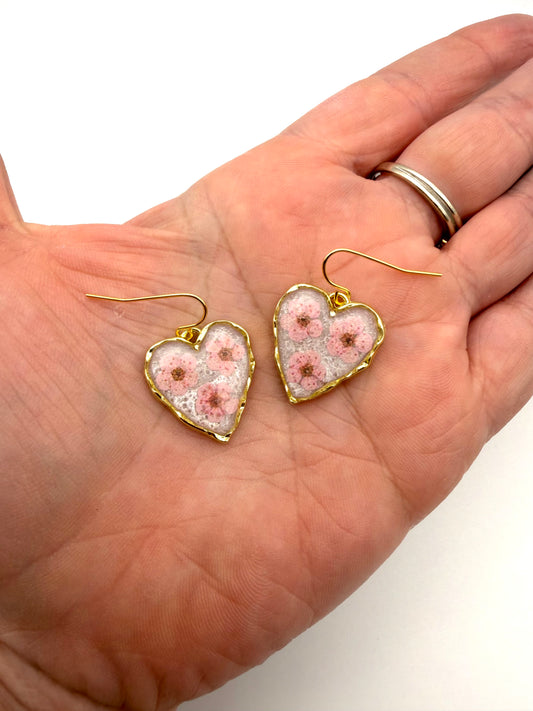 Heart Shaped Earrings with Opal Colored Mica Powder, and Light Pink Plum Blossoms