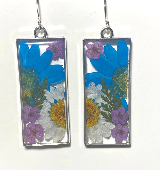 Split Blue and White Daisies with Fern and Purple Plum Blossoms