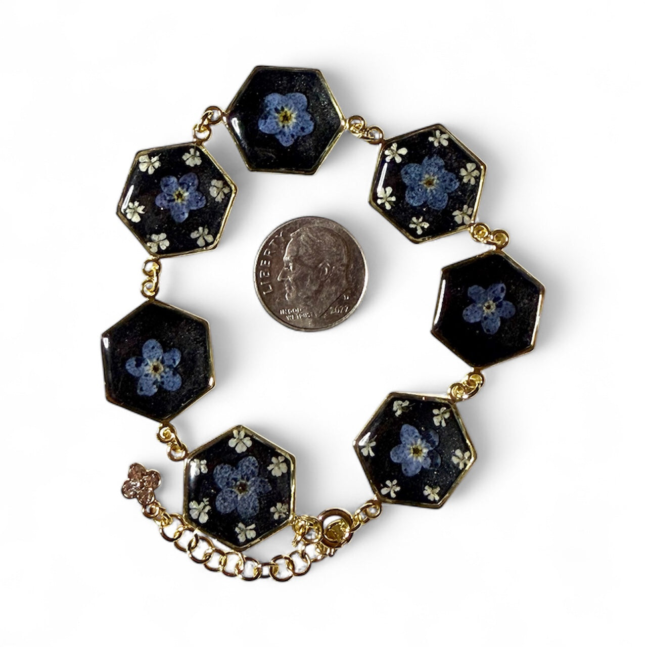 Gold Colored Bracelet with Forget-Me-Nots and pieces of Queen Anne’s Lace