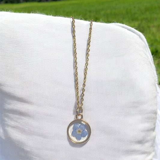 Dainty Rose Gold Bezel with Blue Forget-Me-Not Flower on a Brass Chain