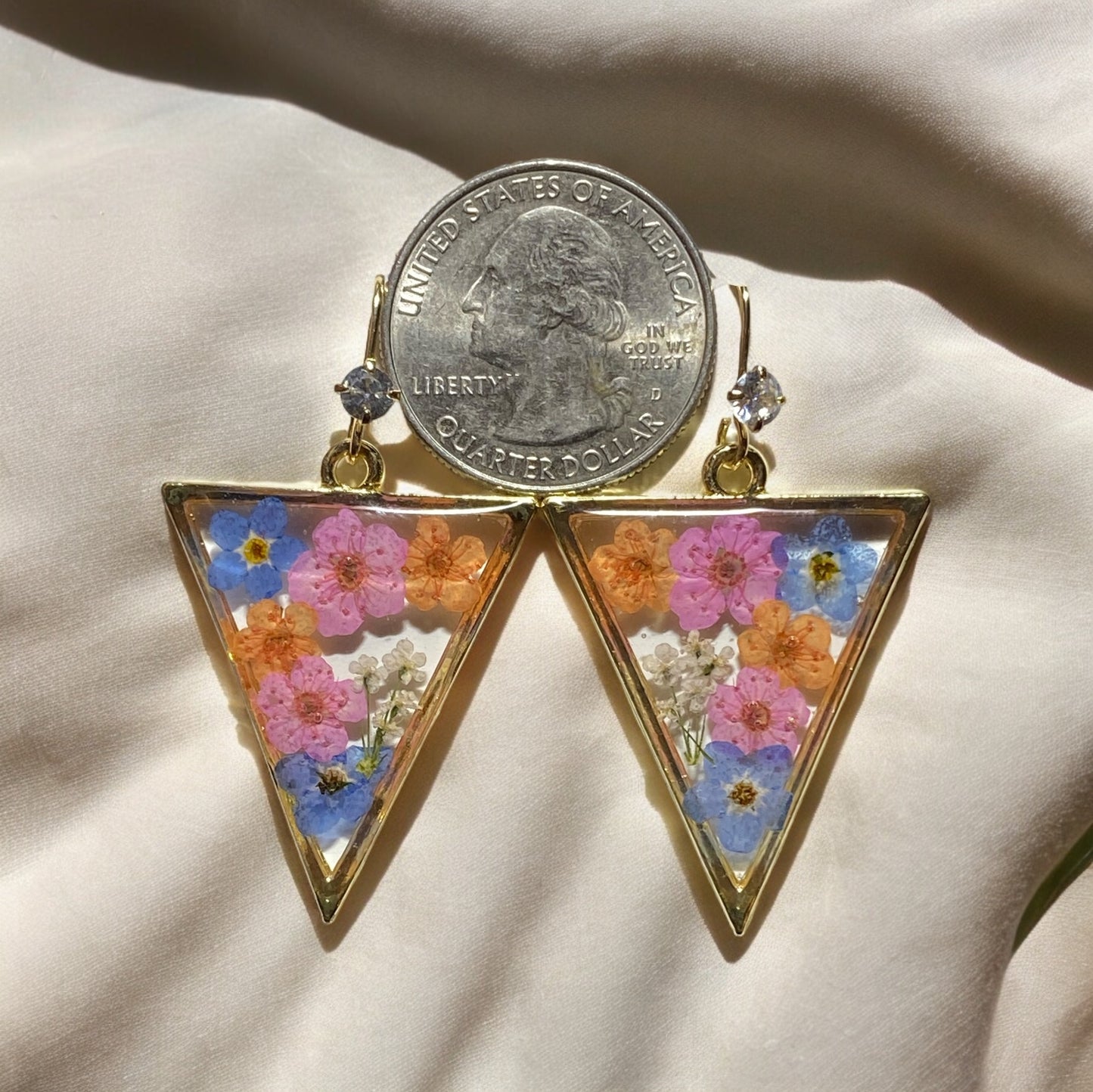 Orange and Light Pink Plum Blossom Flowers with Queen Anne’s Lace and Blue Forget-Me-Not’s Earrings