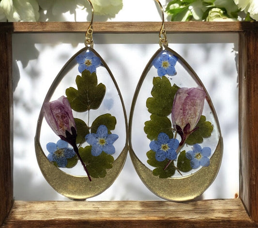 Dry Pressed Leaves with Blue Forget-Me-Nots and Crab Apples