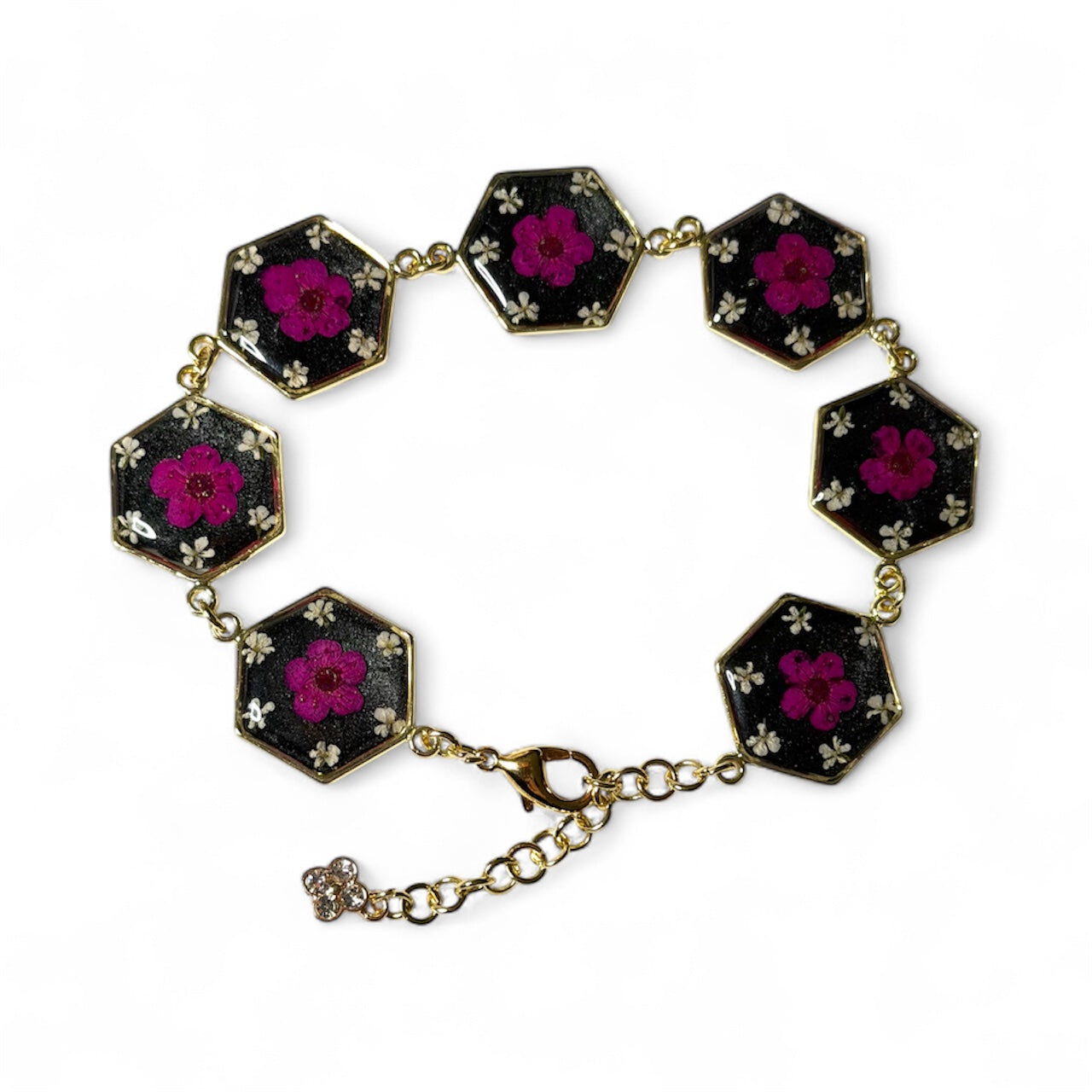 Gold Colored Bracelet with Hot Pink Plum Blossoms and pieces of Queen Anne’s Lace