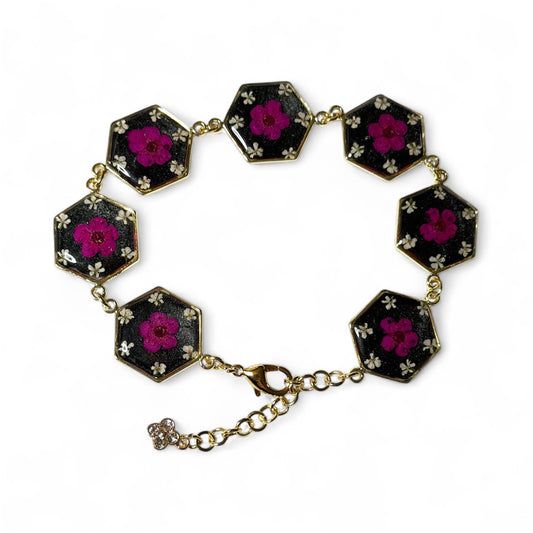 Gold Colored Bracelet with Hot Pink Plum Blossoms and pieces of Queen Anne’s Lace