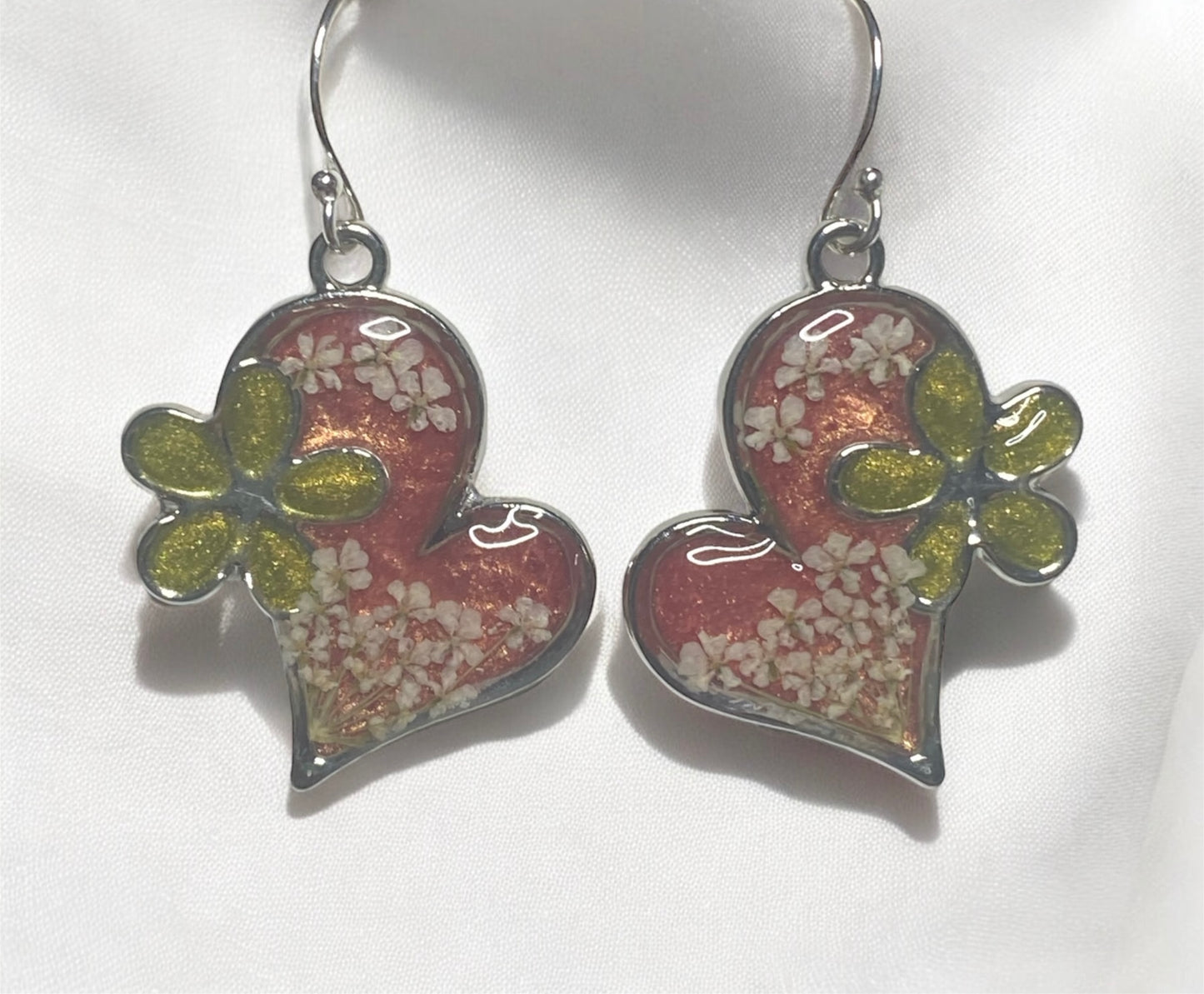 Pink and Green Earrings with Queen Anne’s Lace