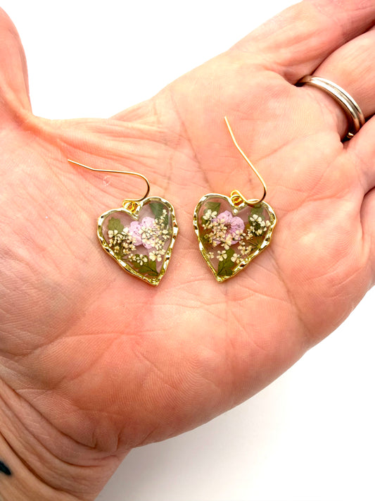 Heart Shaped Earrings with Light Purple Plum Blossoms, Queen Anne’s Lace and Pieces of Fern