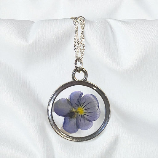 Silver Colored Dainty Necklace with a Pansy