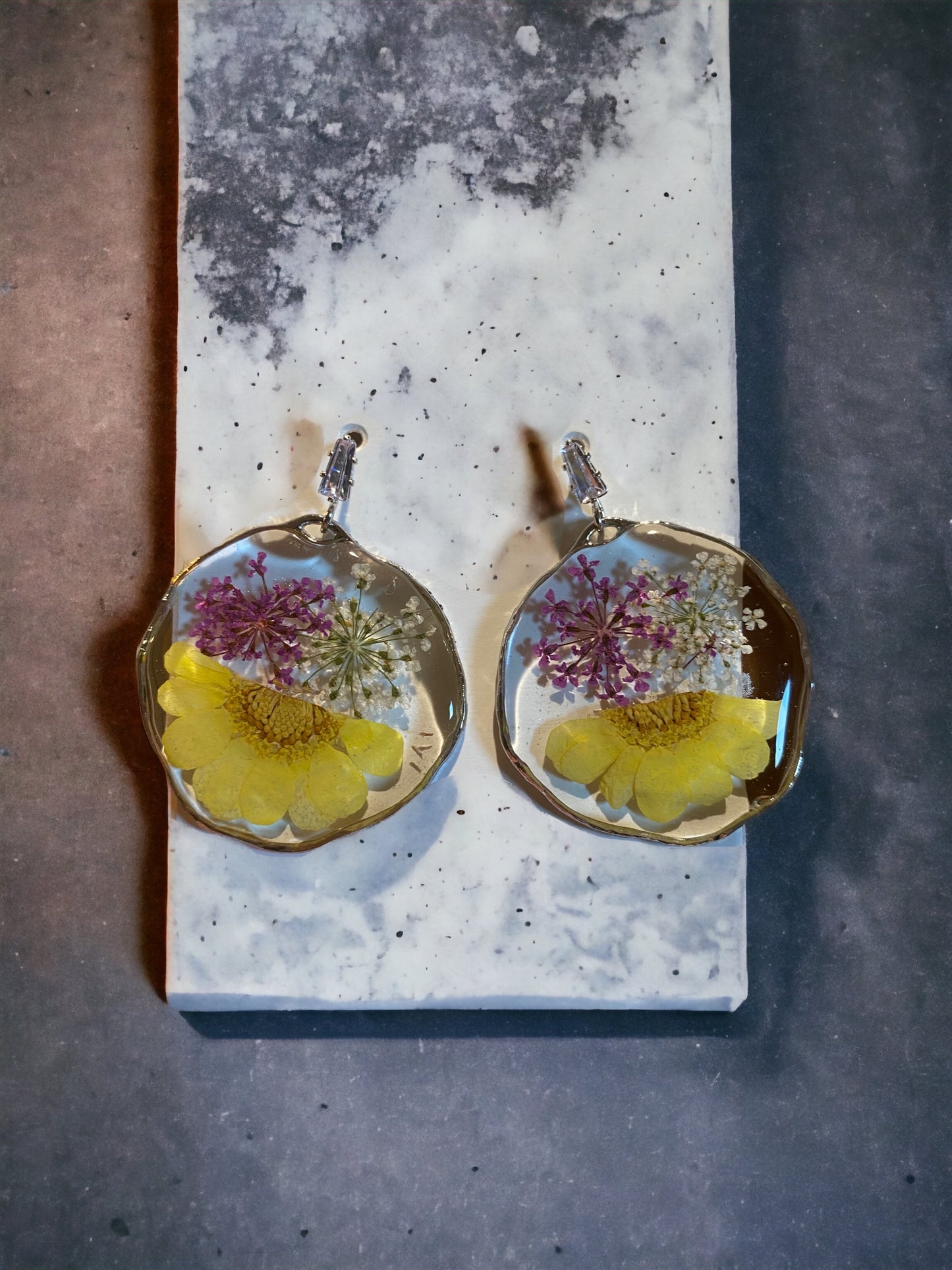 Yellow Daisy with Purple and White Queen Anne’s Lace Earrings
