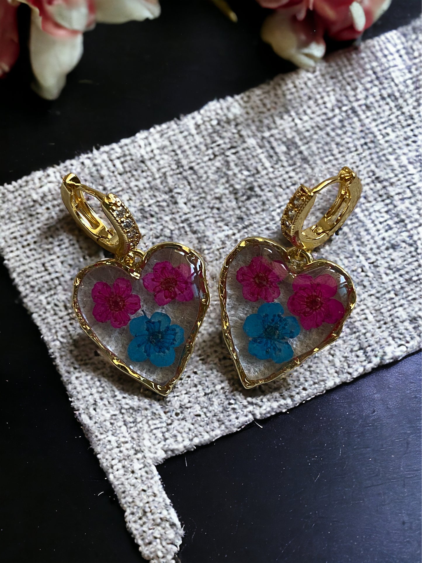 Hot Pink and Blue Plum Blossom Flower Earrings