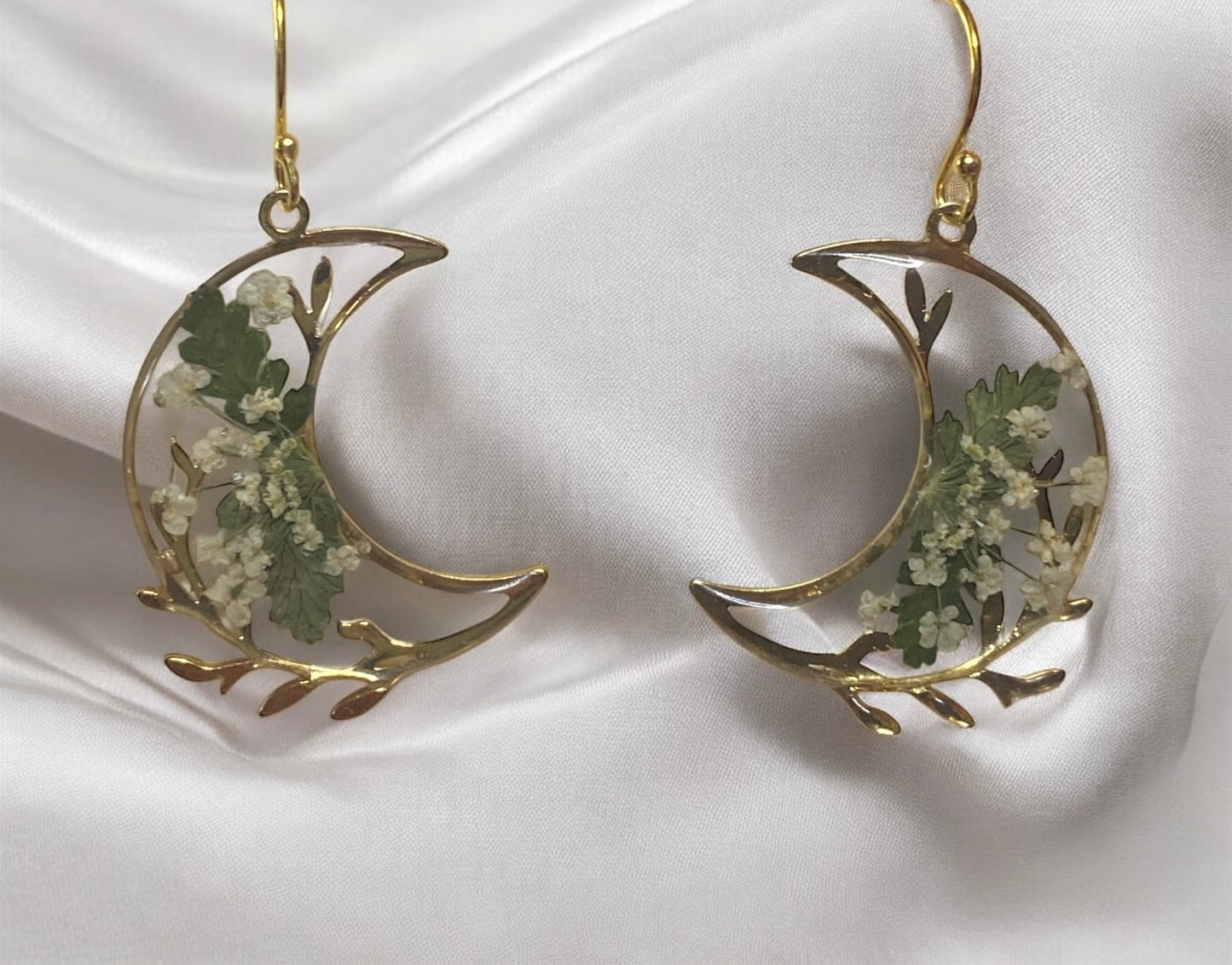 24 kt Gold Plated Crescent Moons with Fern and Queen Anne’s Lace