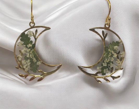24 kt Gold Plated Crescent Moons with Fern and Queen Anne’s Lace