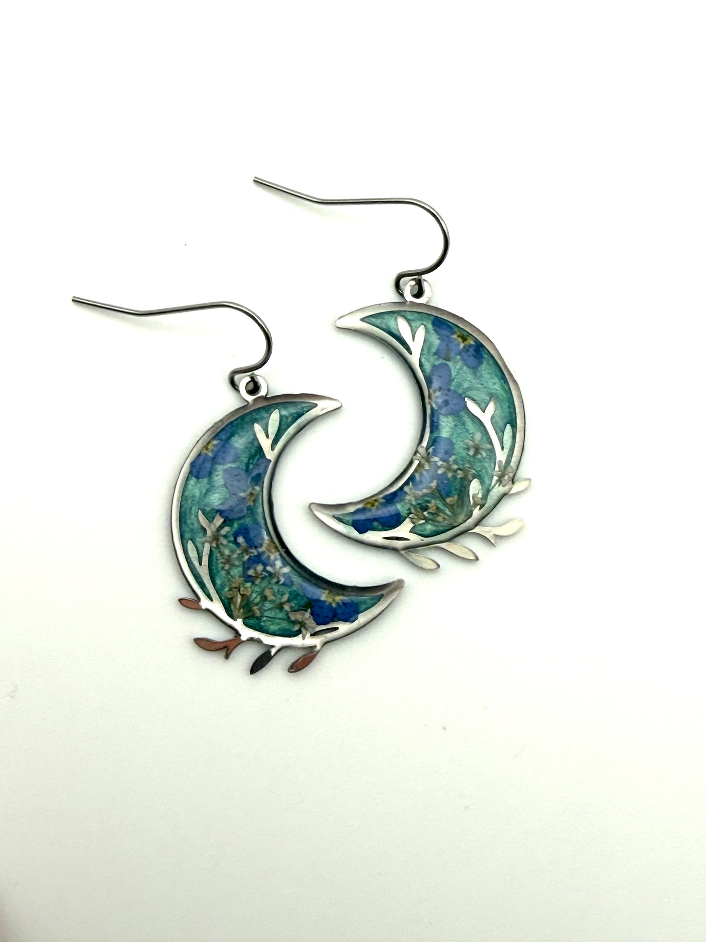 Teal Crescent Moons with Forget-Me-Nots and Queen Anne’s Lace