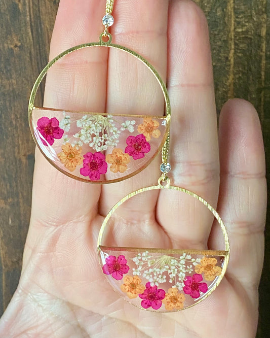 Hot Pink and Orange Plum Blossom Flowers with White Queen Anne’s Lace Earrings
