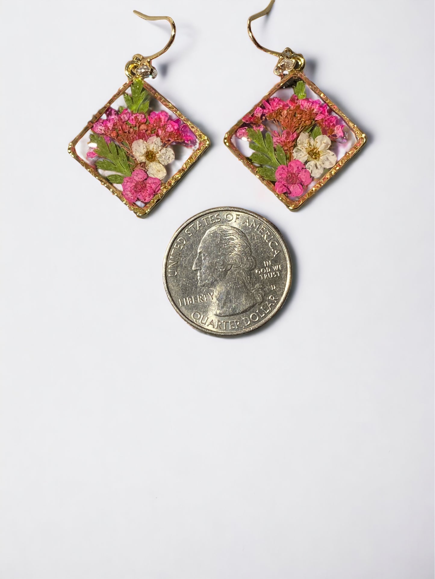 Pink and White Plum Blossom Flowers with Dry Pressed Fern Earrings