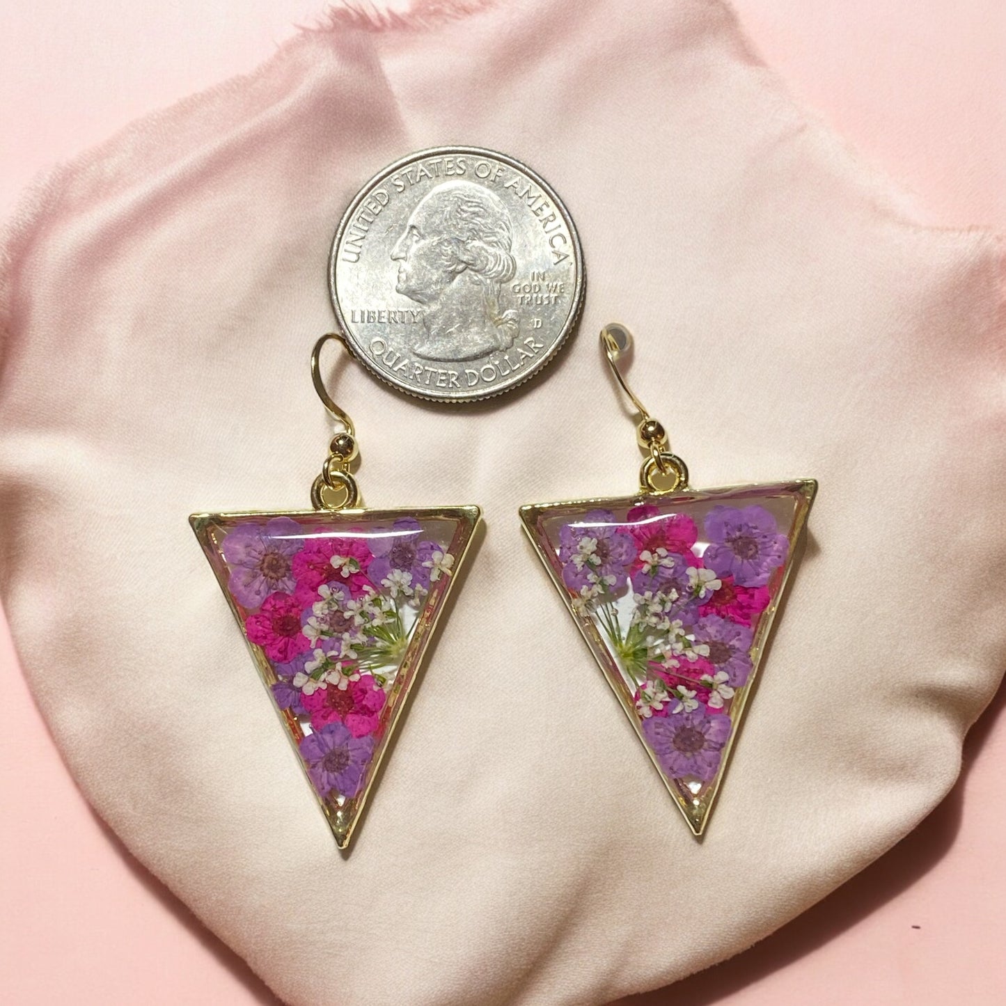Purple and Hot Pink Plum Blossom Flowers with Queen Anne’s Lace Earrings