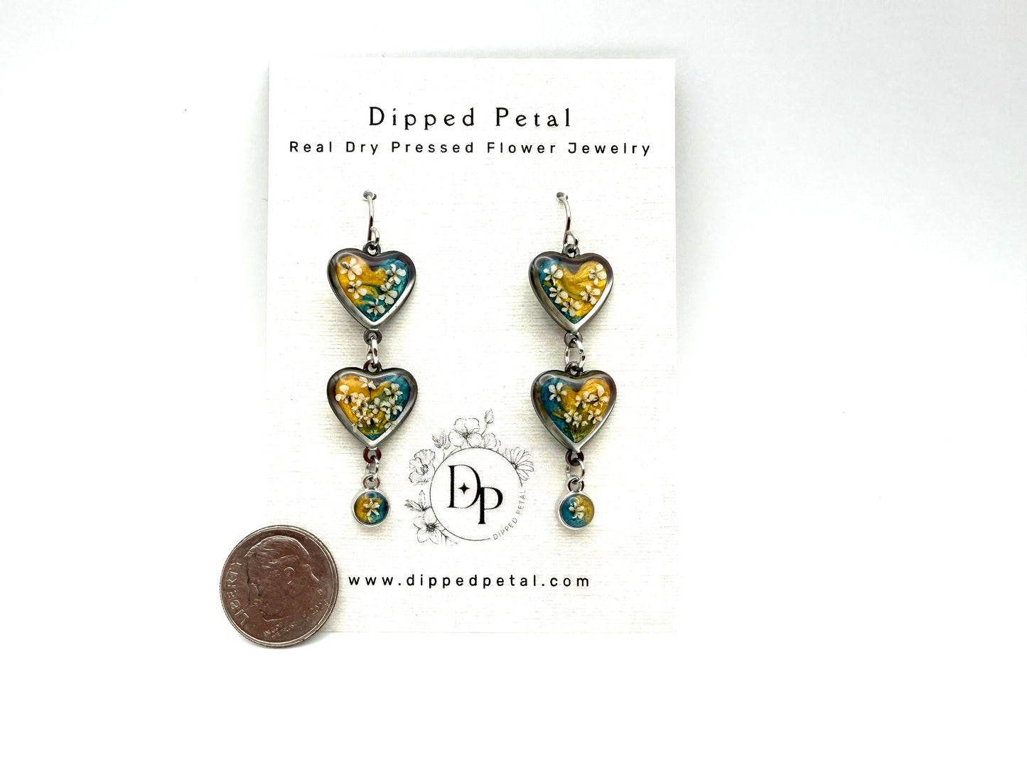 Heart Shaped Stainless Steel Dangle Earrings - Gold and Teal