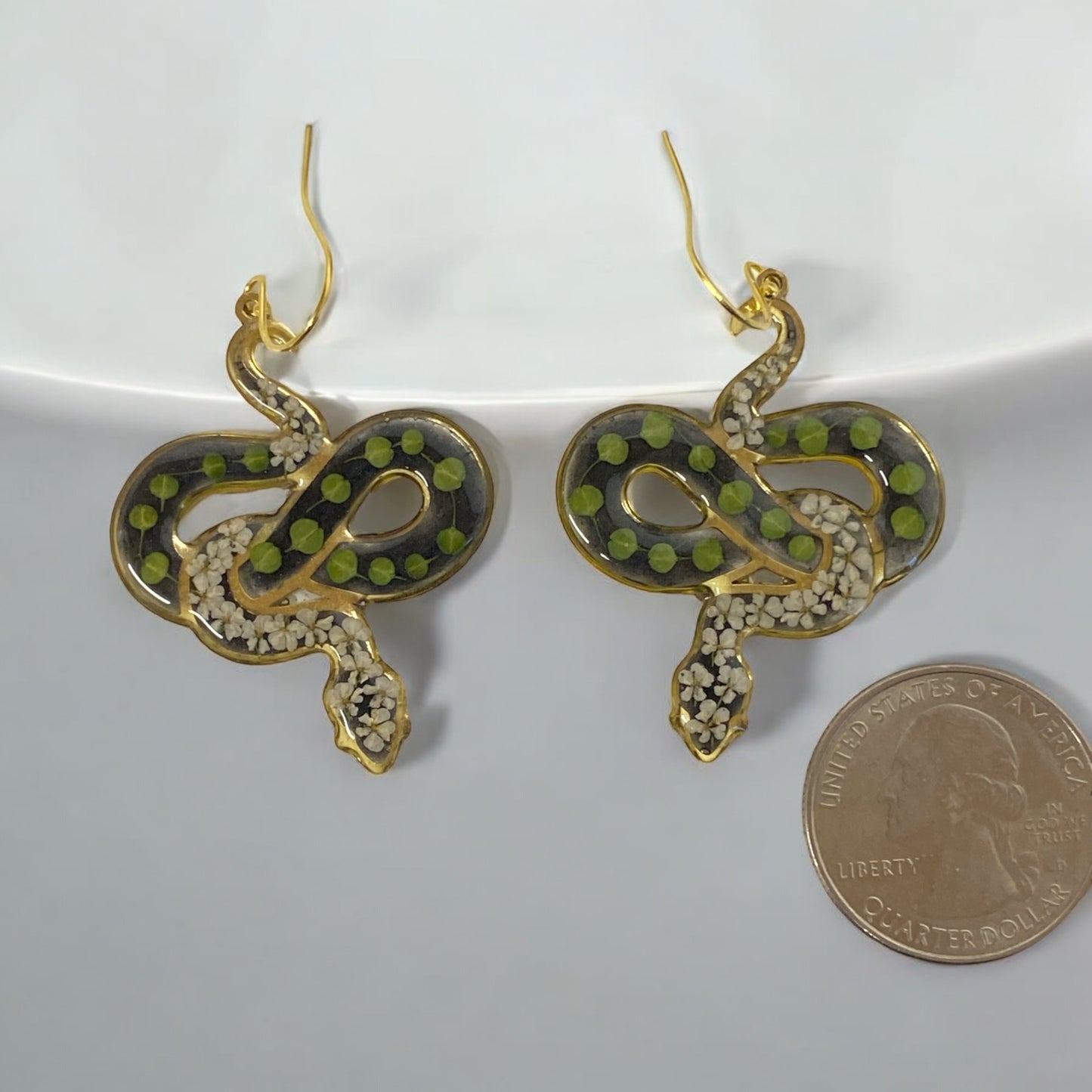 Snake Earrings made with Pieces of Pepperweed and  Queen Anne’s Lace