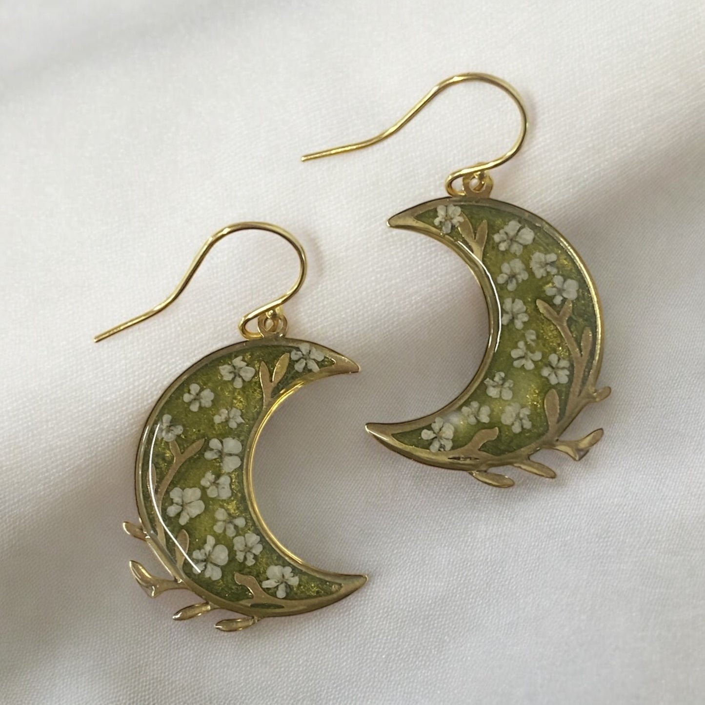 Crescent Moons with Green Mica Powder filled with pieces of Queen Anne’s Lace