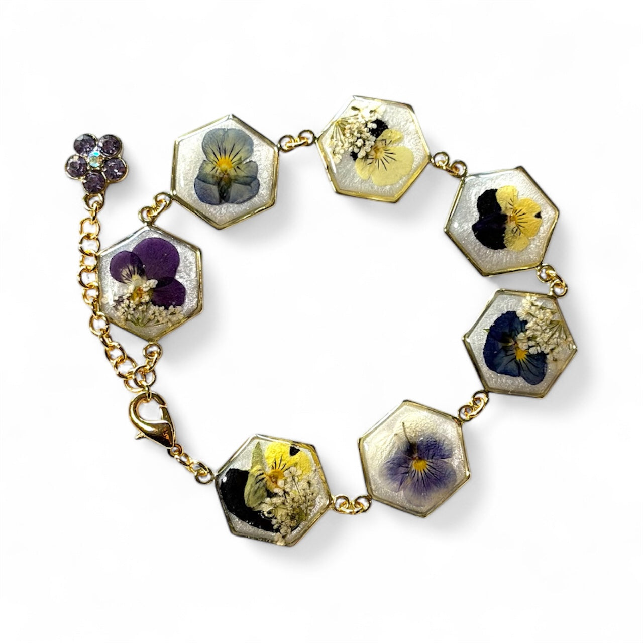 Gold Colored Bracelet with Mini Pansies and Queen Anne’s Lace