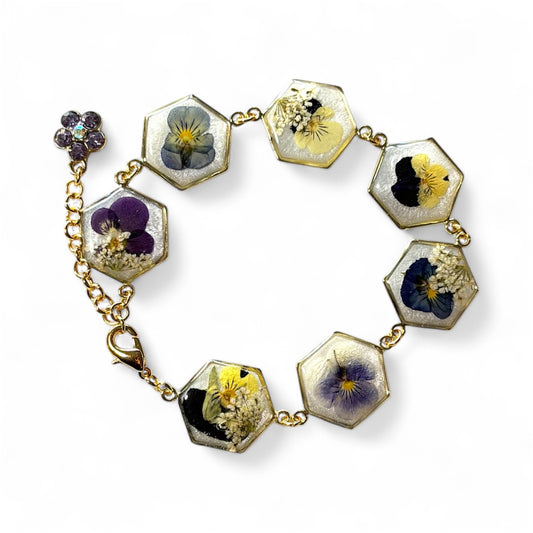 Gold Colored Bracelet with Mini Pansies and Queen Anne’s Lace