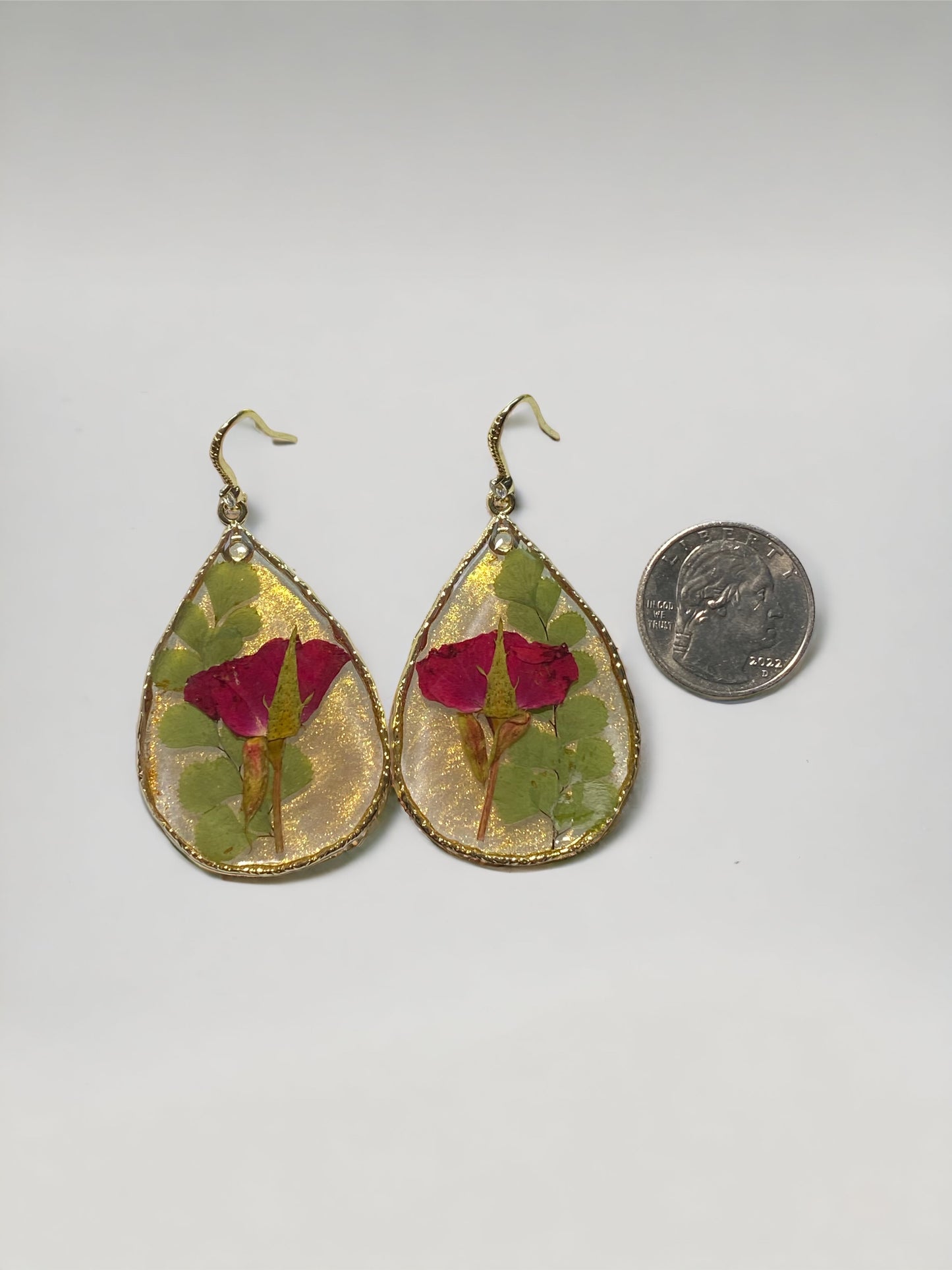 Red Roses with Dry Pressed Leaves and Gold Shimmer Earrings