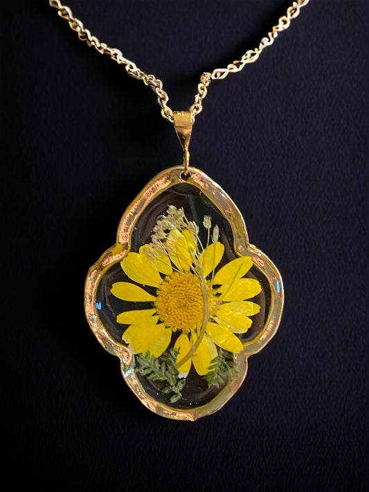 Yellow Daisy with Dry Pressed Flowers Necklace