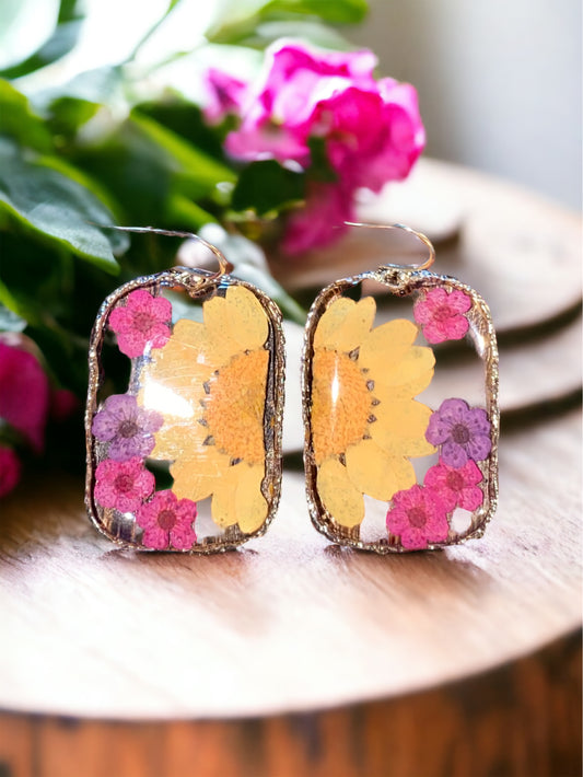 Orange Daisy with Pink and Purple Plum Blossom Flower Earrings