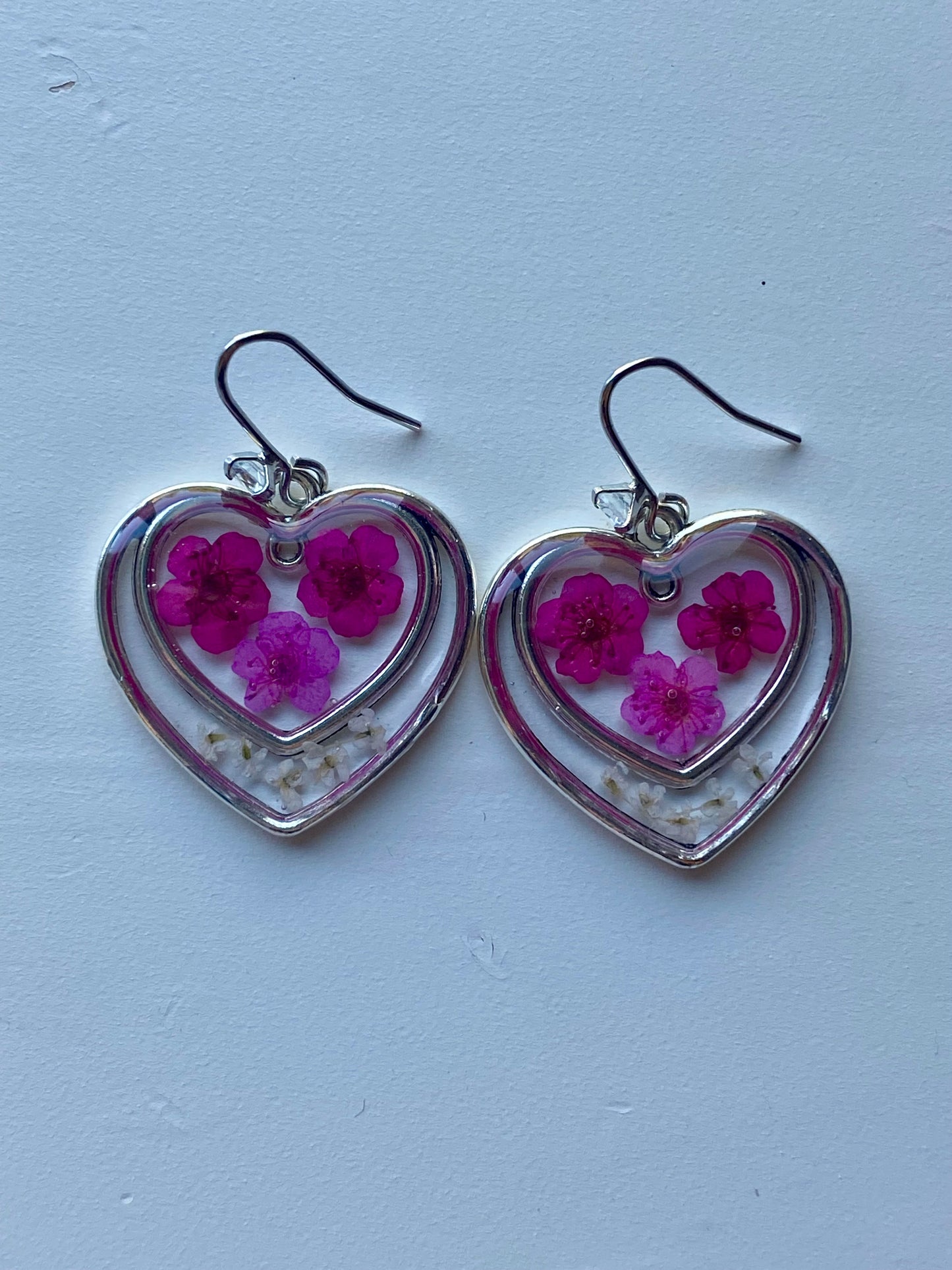 Hot Pink and Light Pink Plum Blossom Flower Heart Earrings