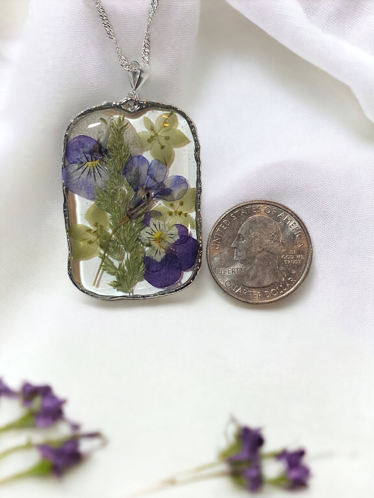 Purple Pansies with Dry Pressed Euphorbia Helioscopia Necklace