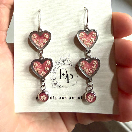Heart Shaped Dangle Earrings and Pieces of Queen Anne’s Lace with Coral Pink Mica Powder