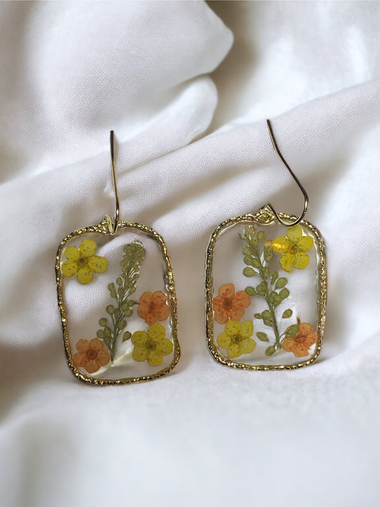 Orange and Yellow Plum Blossom Flowers with Persian Garden Cress Earrings