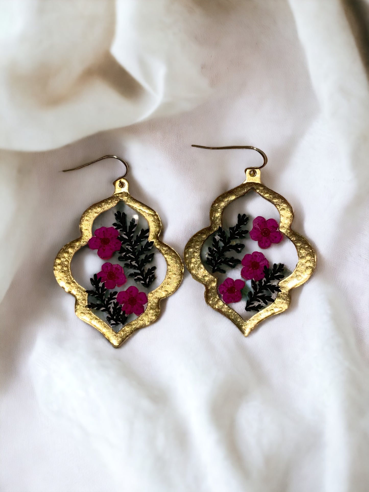 Black Dyed Fern with Pink Plum Blossoms Flowers set in a Brass Bezel