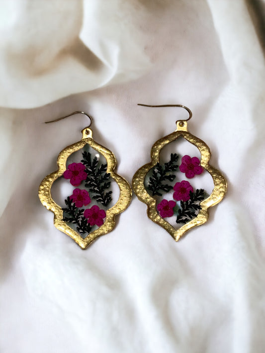 Black Dyed Fern with Pink Plum Blossoms Flowers set in a Brass Bezel
