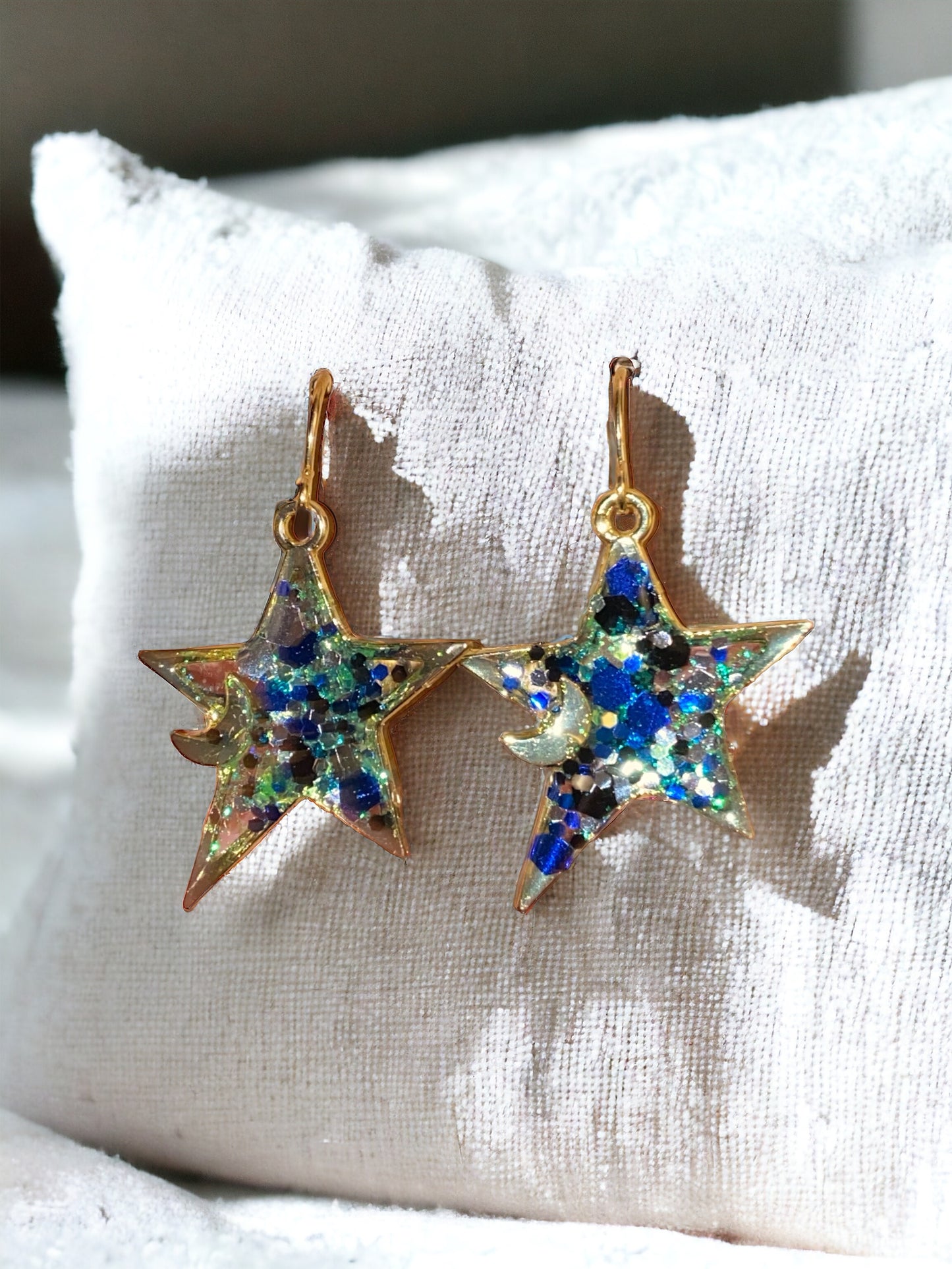 Blue and Green Chunky Glitter in Star and Moon Shape Bezel Earrings