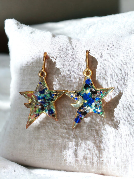 Blue and Green Chunky Glitter in Star and Moon Shape Bezel Earrings