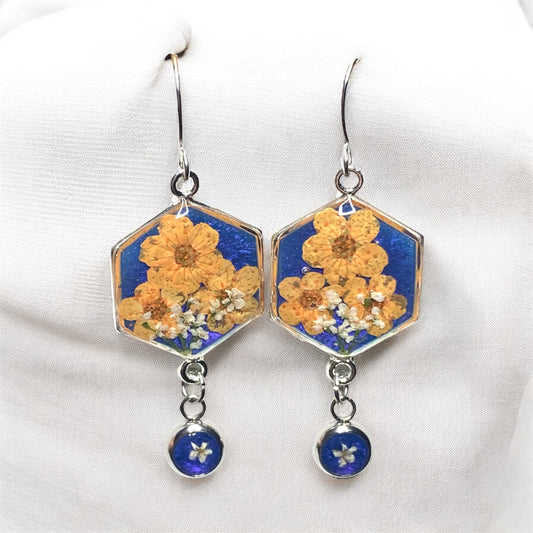 Blue Colored Mica Powder (Single) Dangle Earrings with Orange Plum Blossoms and Queen Anne’s Lace