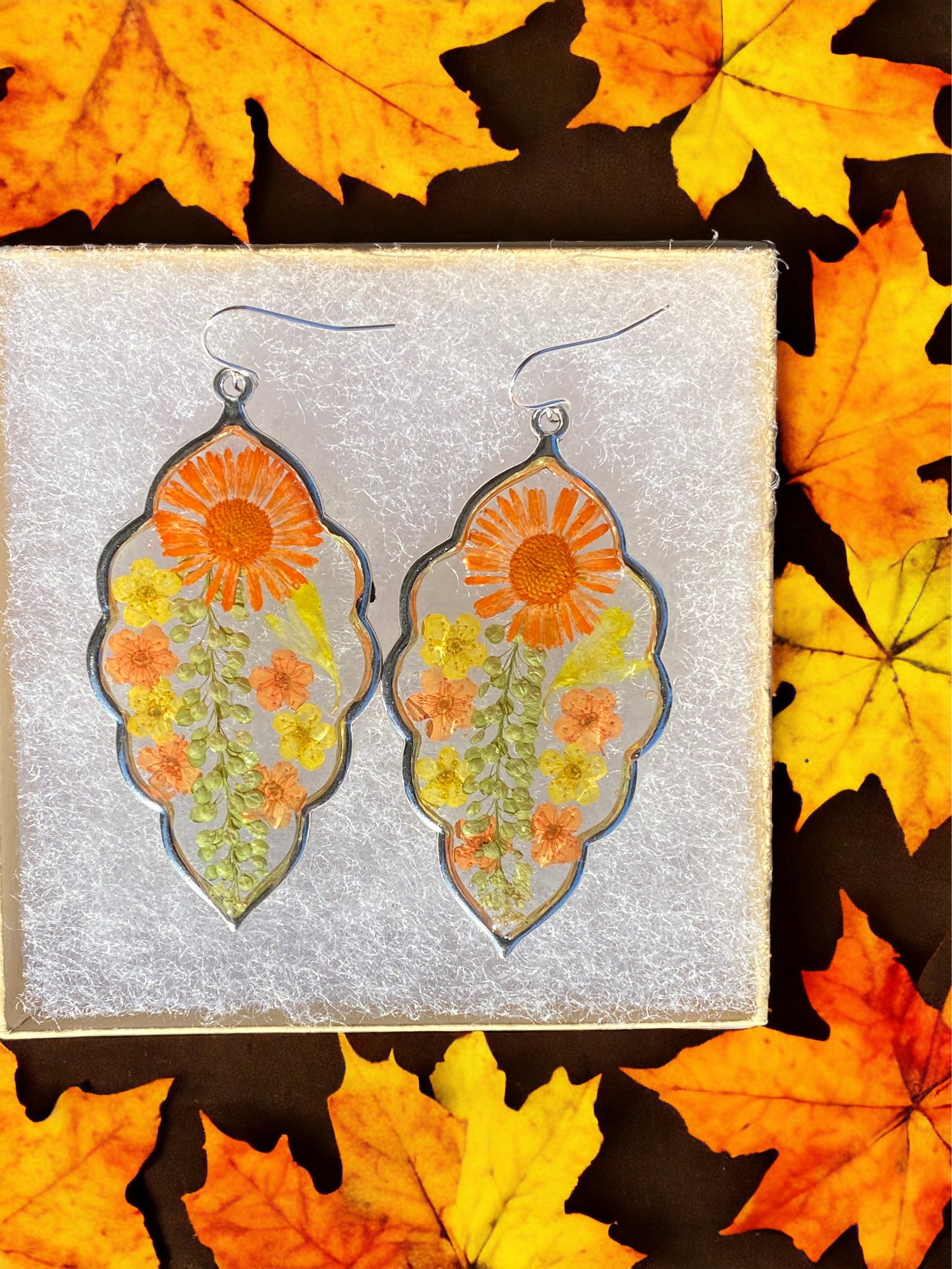 Yellow and Orange Plum Blossoms with Orange Needle Chrysanthemum and Dry pressed Persian Garden Cress Earrings