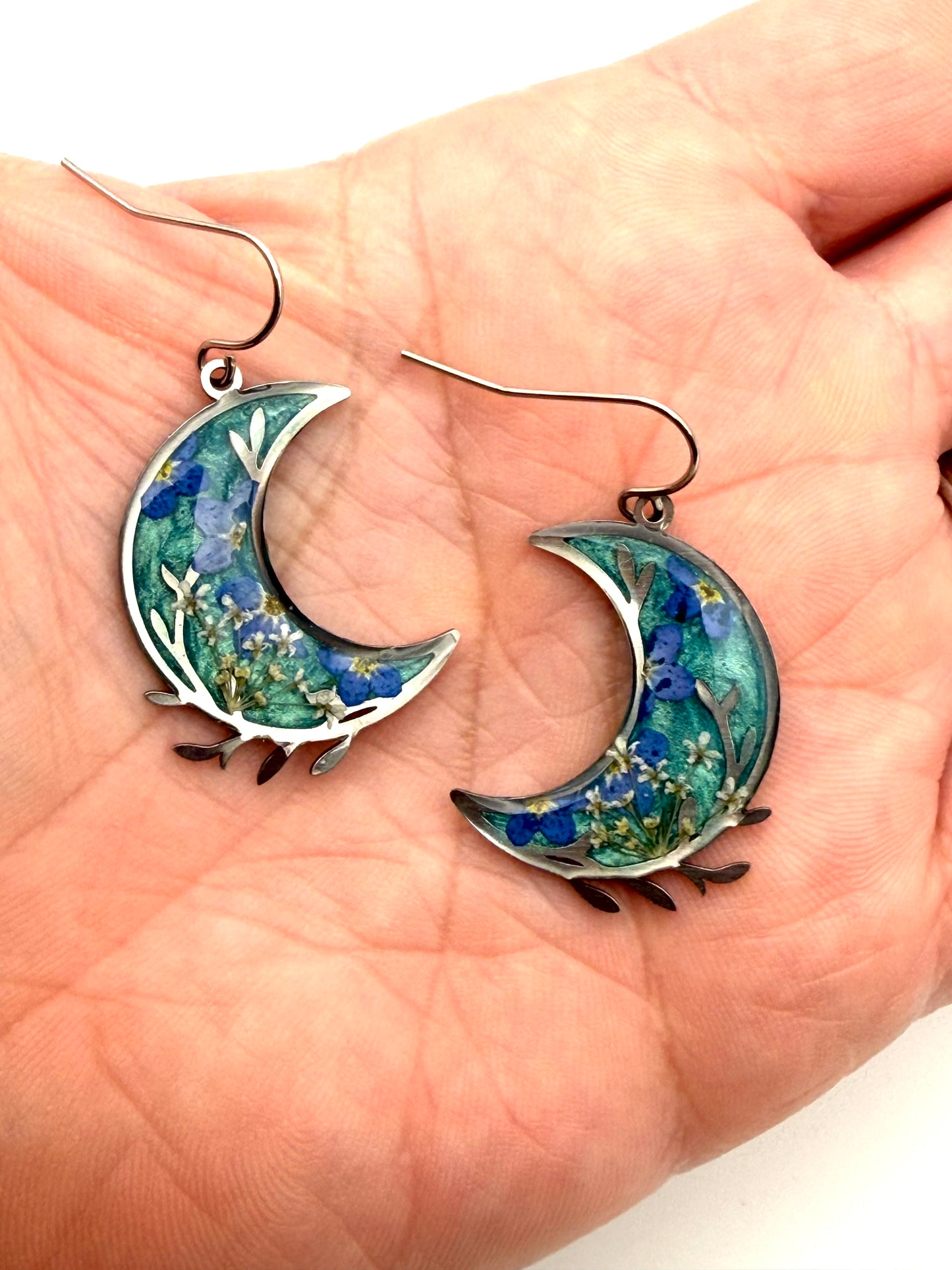Teal Crescent Moons with Forget-Me-Nots and Queen Anne’s Lace
