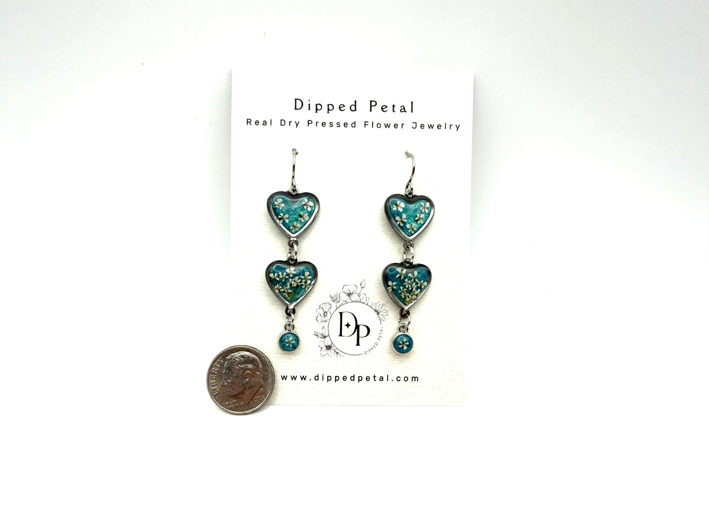 Heart Shaped Stainless Steel Dangle Earrings - Teal Colored