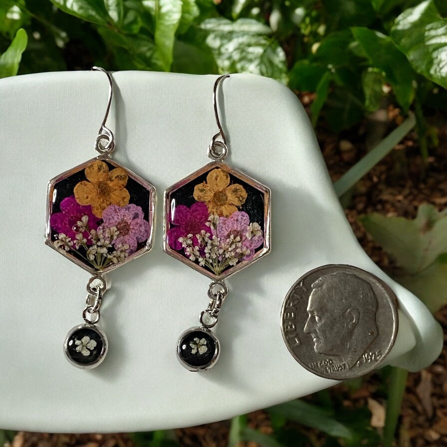 Black Mica Powder Dangle Earrings with Light Pink and Hot Pink, Orange Plum Blossoms with Queen Anne’s Lace