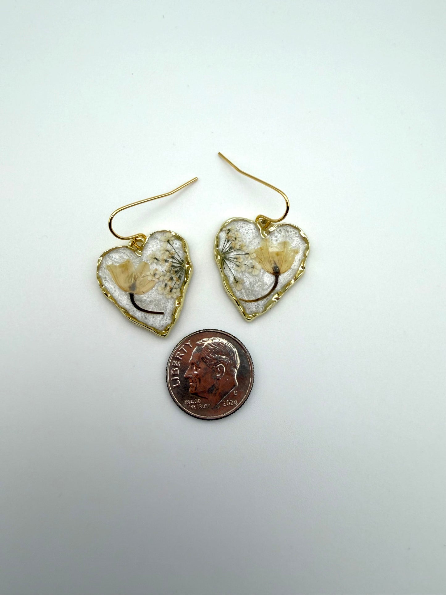 Heart Shaped Earrings with Opal Colored Mica Powder, Lily of the Valley and Queen Anne’s Lace