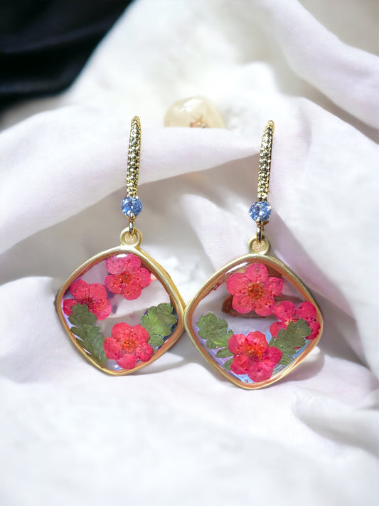 Red Plum Blossom Flower with Dried Fern Earrings