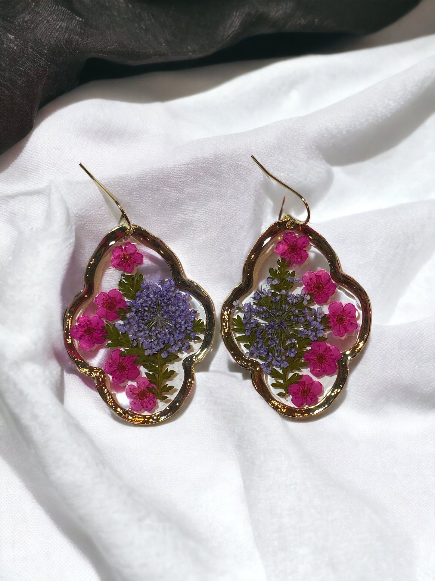 Purple Queen Anne’s Lace with Pink Plum Blossom Flower Earrings