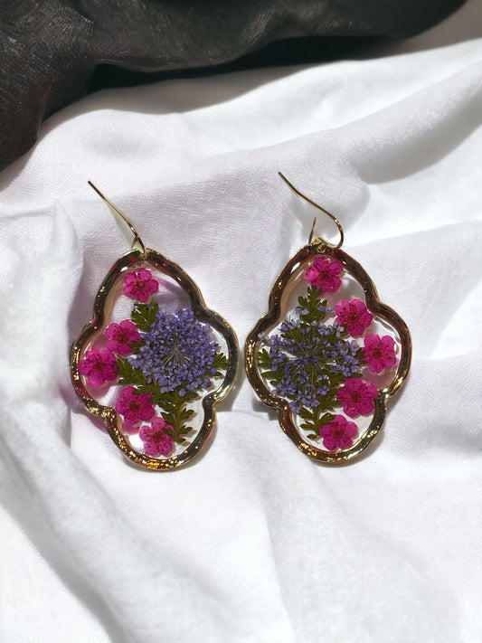 Purple Queen Anne’s Lace with Pink Plum Blossom Flower Earrings