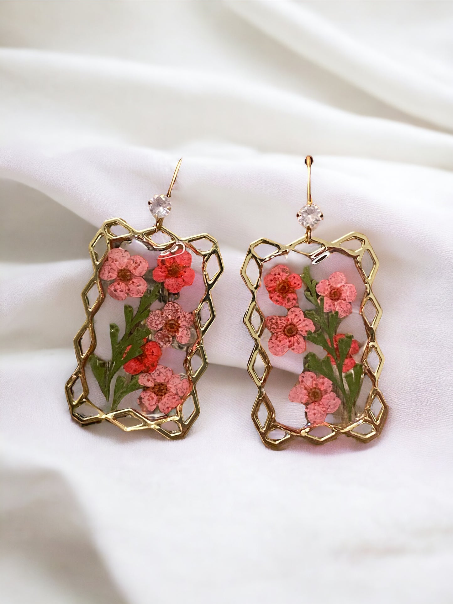 Light Red and Dark Red Plum Blossom Flower Earrings with Dry Pressed Leaves
