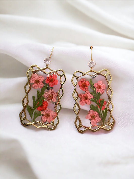 Light Red and Dark Red Plum Blossom Flower Earrings with Dry Pressed Leaves