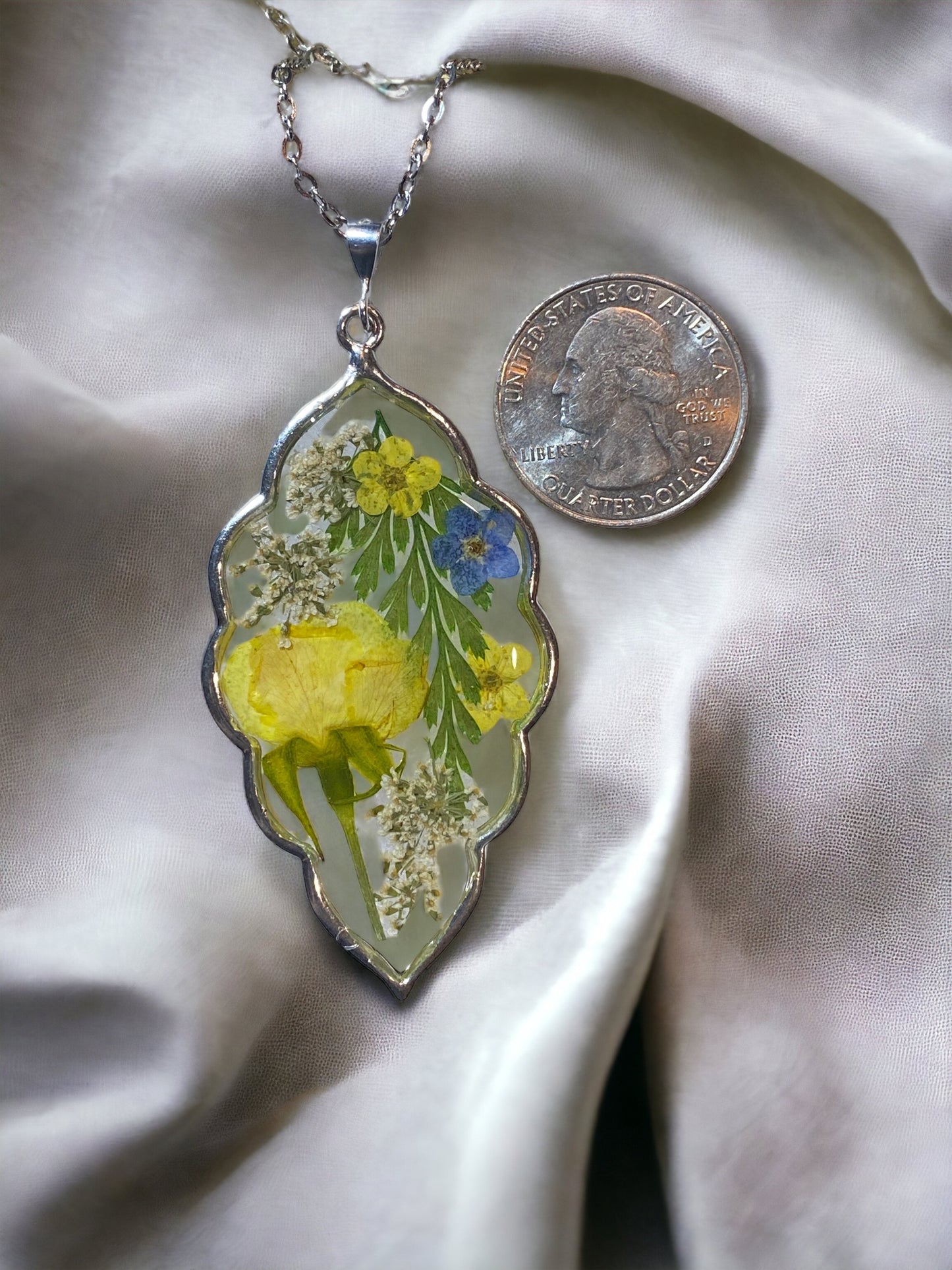 Yellow Rose with Blue Forget-Me-Not’s and Yellow Plum Blossoms Necklace