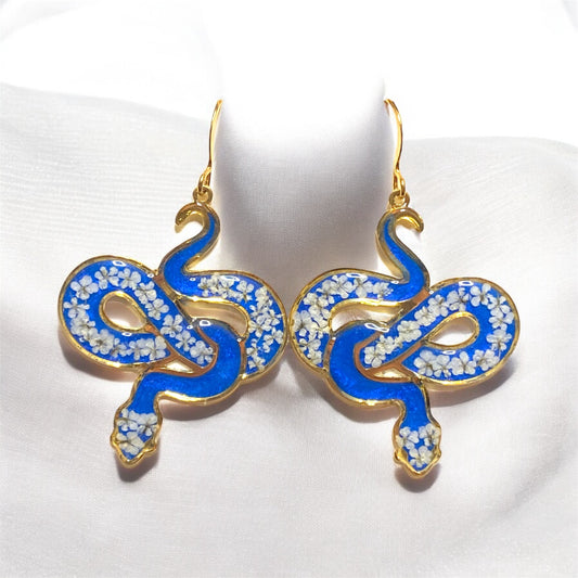 Aquamarine Blue 24 kt Gold Plated Snake Bezel Earrings