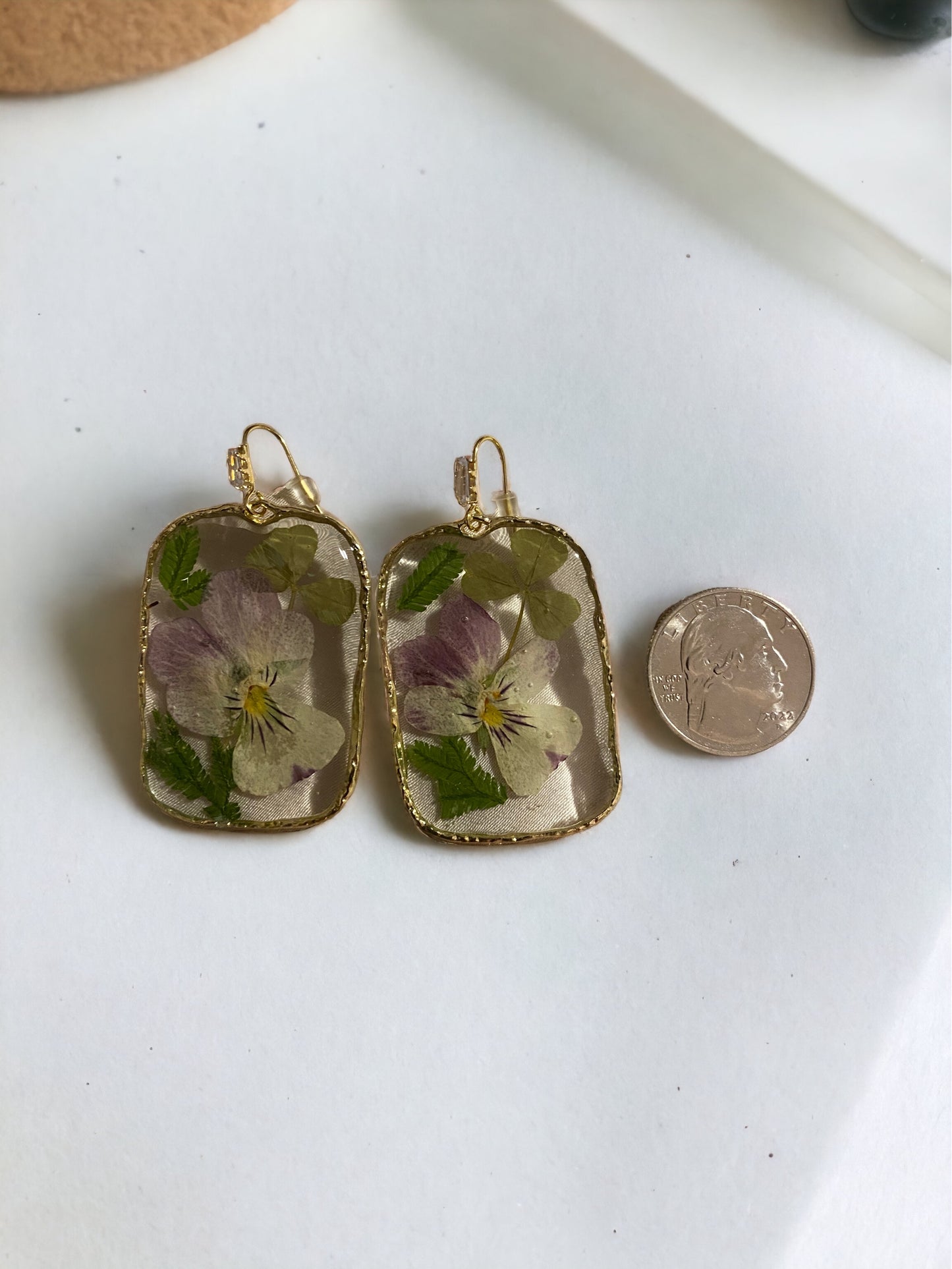 Light Purple and White Pansy with Dry Pressed Clover Earrings